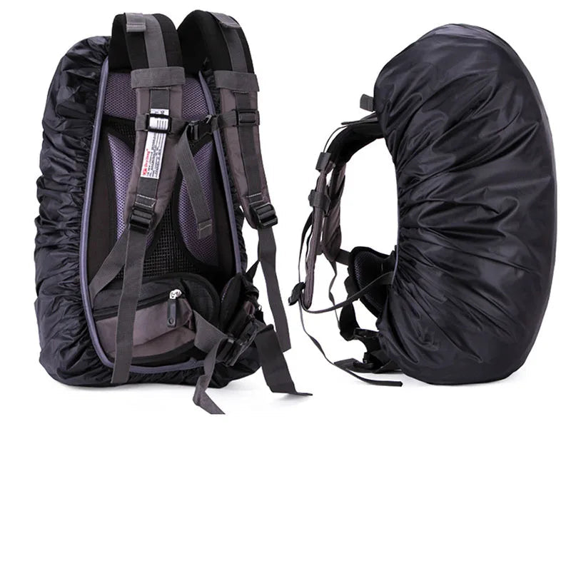 Black backpack with rain cover on a white background